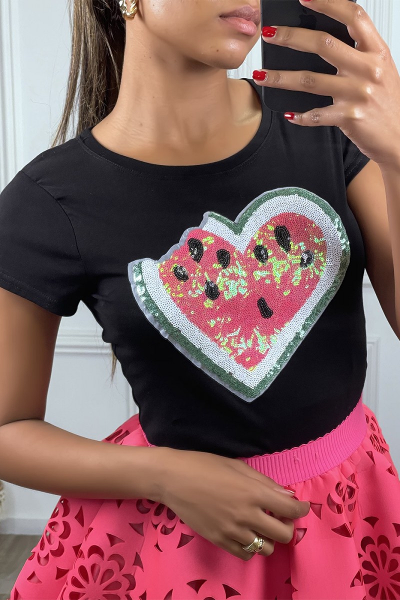 T-shirt manches courtes noir à motif coeur/fruit brillant