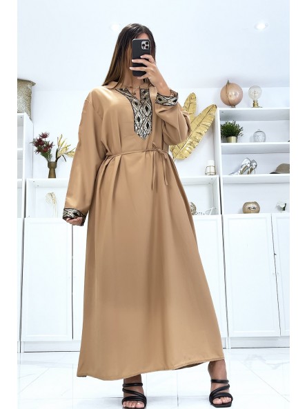 Robe camel à manches longues et sequin aux manches et au col - 2