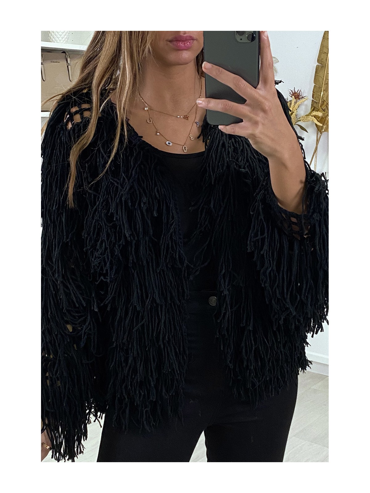 Gilet noir a frange ficelle - 1