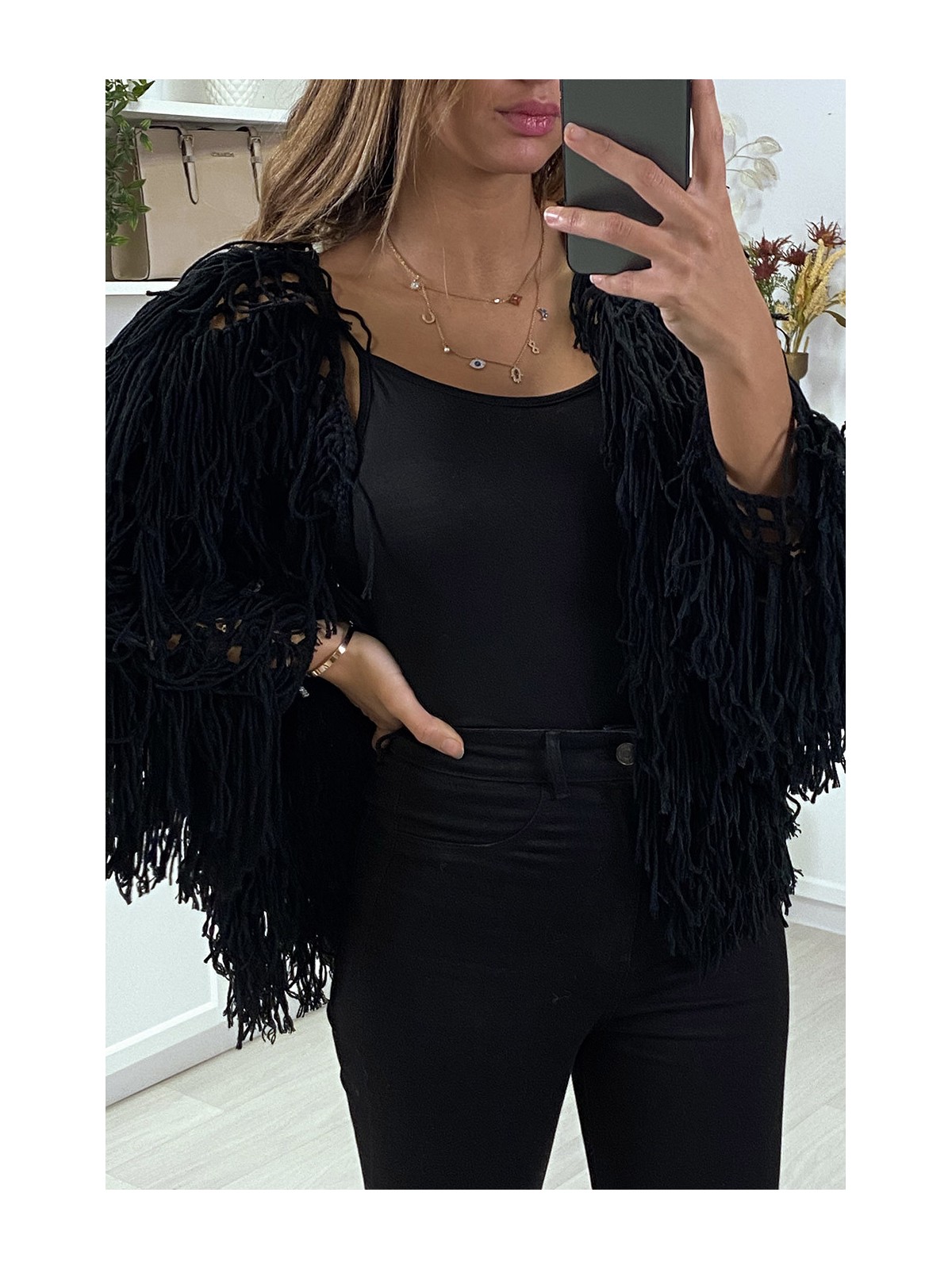 Gilet noir a frange ficelle - 3