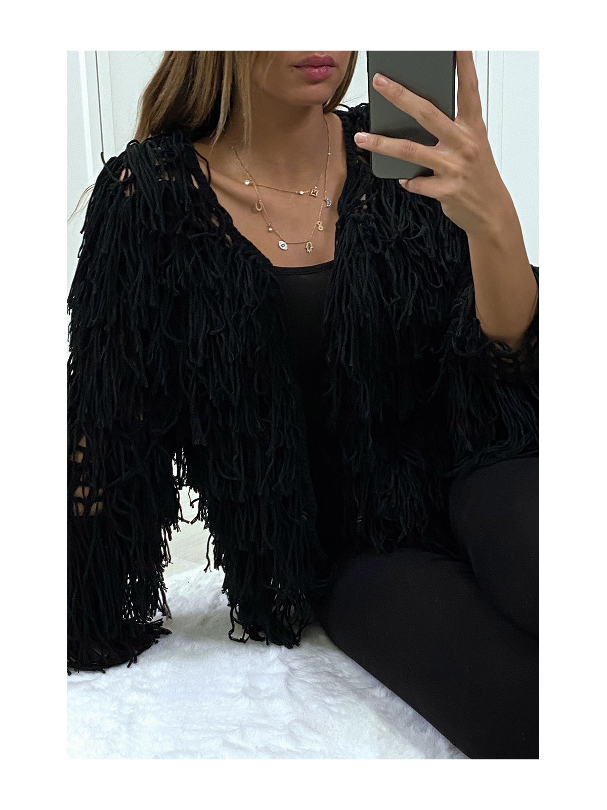 Gilet noir a frange ficelle - 4