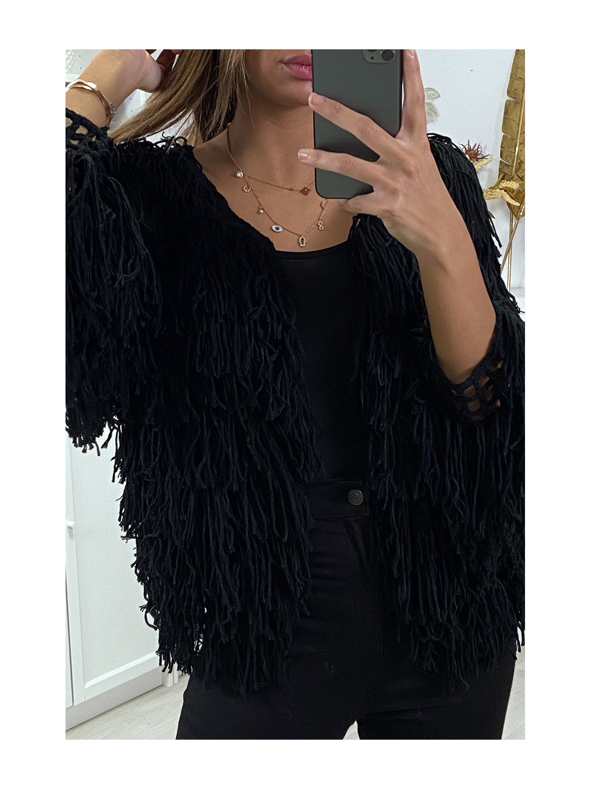 Gilet noir a frange ficelle - 6