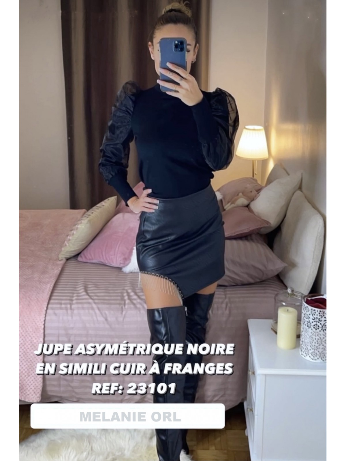 Jupe asymétrique noire en simili cuir à franges - 1