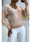 Pull col V rose pastel à motif dentelle blanche - 2