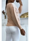 Pull col V rose pastel à motif dentelle blanche - 3