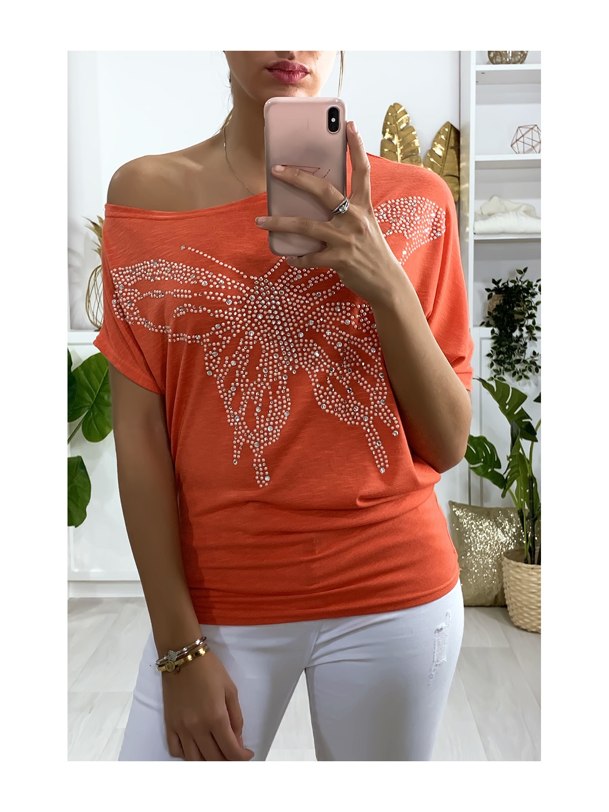 Tee-shirt trapèze rouge avec motif papillon en strass - 2