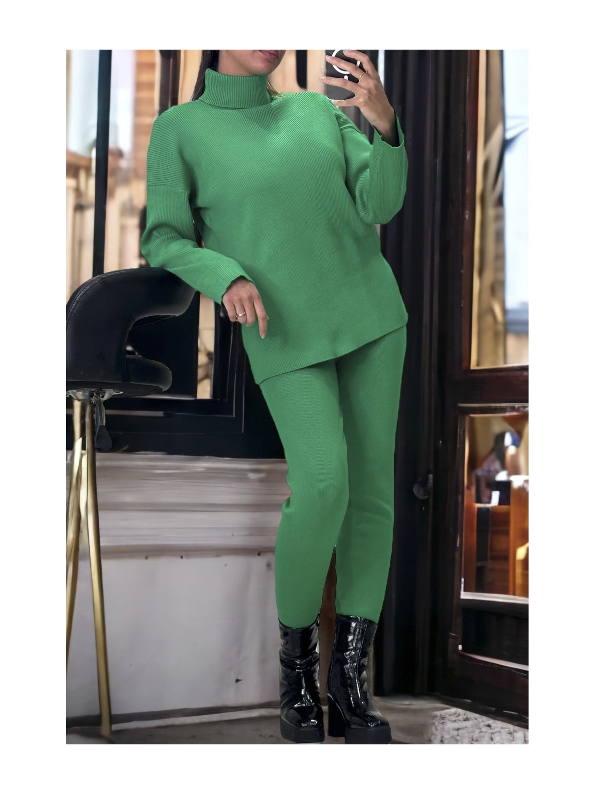 Ensemble pull col roulé over size et jegging en maille côtelé extensible vert - 1