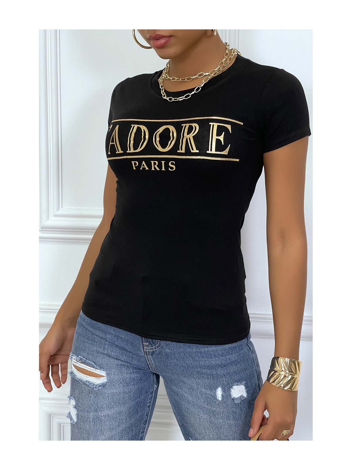 Tee-shirt noir avec écriture J'ADORE en dorée - 2