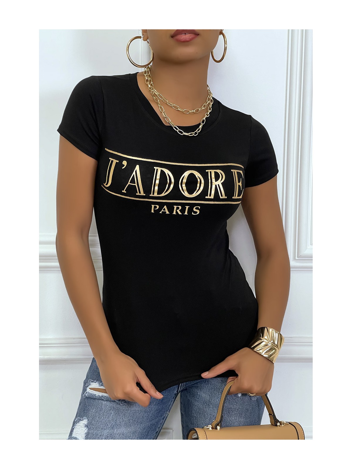 Tee-shirt noir avec écriture J'ADORE en dorée - 3