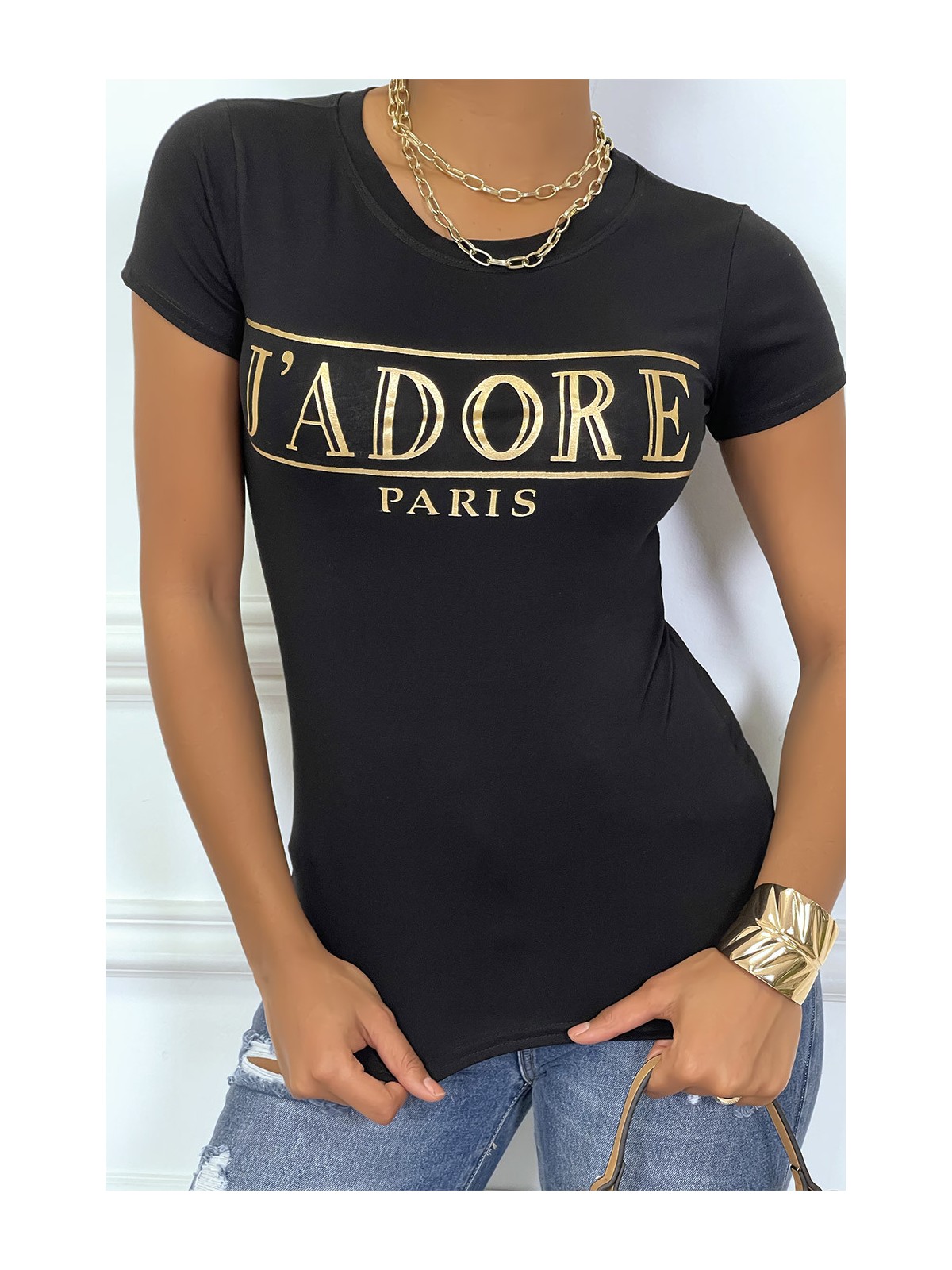 Tee-shirt noir avec écriture J'ADORE en dorée - 4