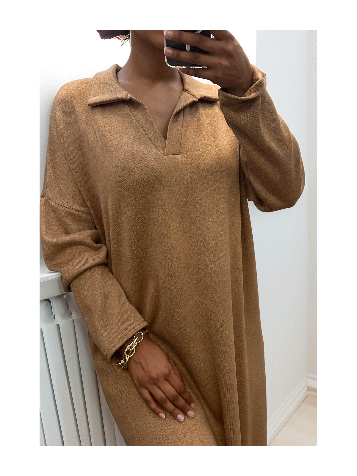 Longue robe épaisse col chemise en camel - 6