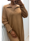 Longue robe épaisse col chemise en camel - 6