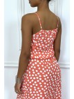 Robe longue corail à petit pois blanc col montant et elastique à la taille - 5