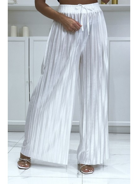 Pantalon palazzo plissé blanc satiné - 2