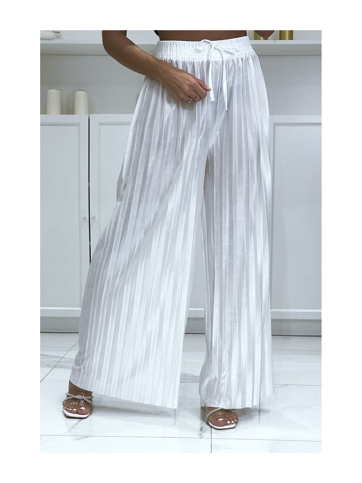 Pantalon palazzo plissé blanc satiné - 2