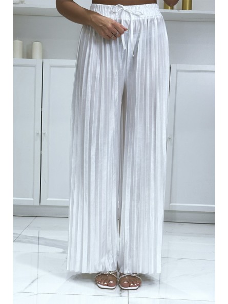 Pantalon palazzo plissé blanc satiné - 3