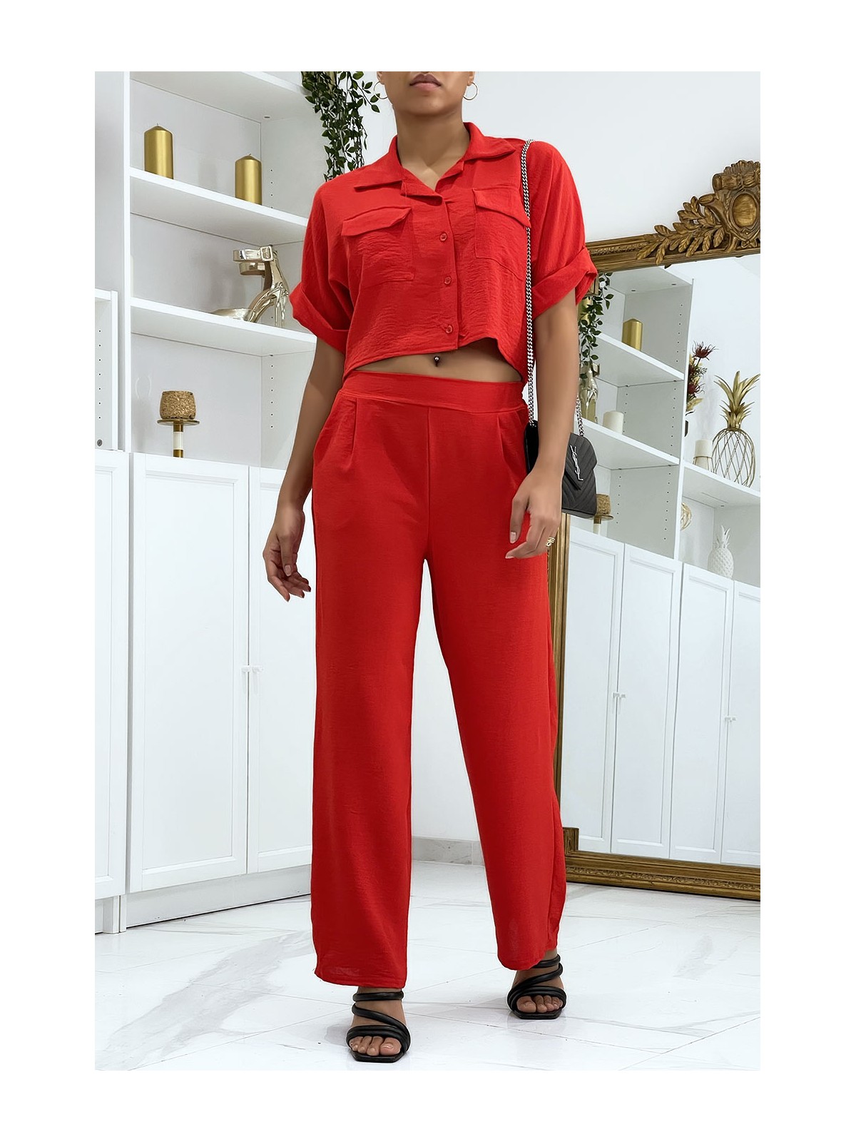 Ensemble chemise saharienne et pantalon palazzo rouge - 2