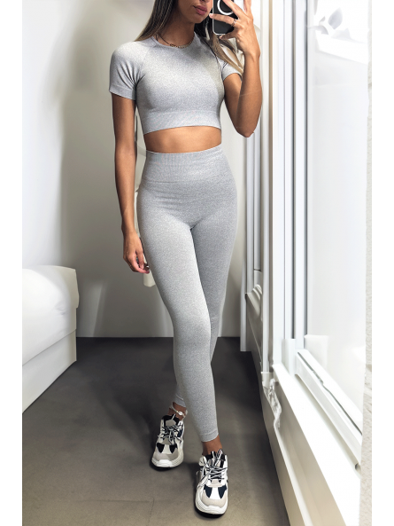 Ensemble legging et top sport gris en matière gênante - 4