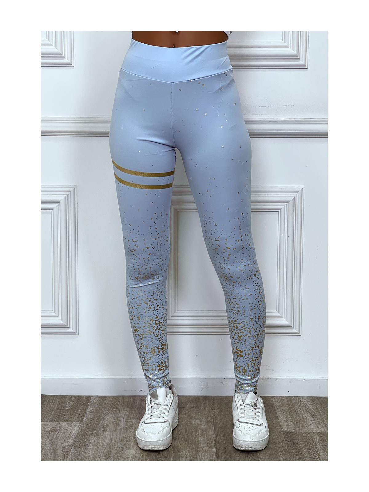 Legging turquoise avec taches et bandes dorées - 1