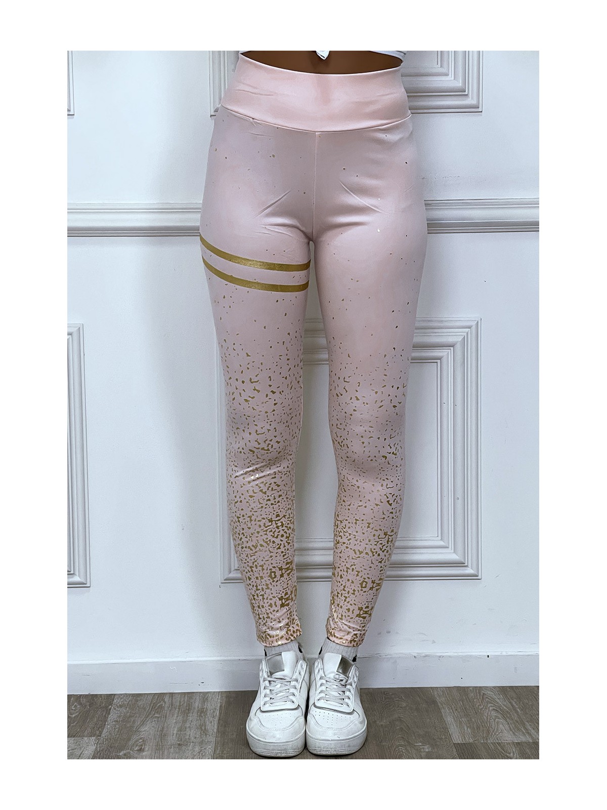 Legging rose avec taches et bandes dorées - 1