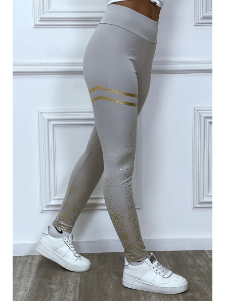 Legging gris avec taches et bandes dorées - 2