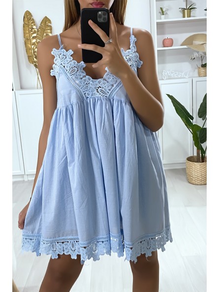 Robe tunique bleu à bretelle avec broderie au buste et en bas - 4