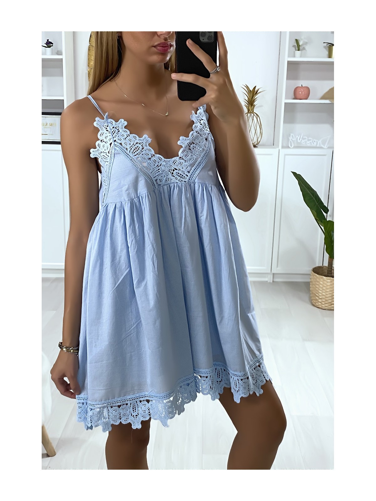 Robe tunique bleu à bretelle avec broderie au buste et en bas - 5