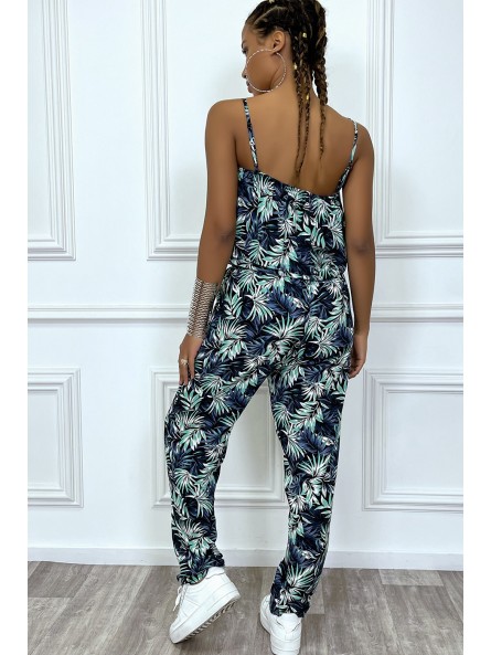 Combinaison pantalon fleuri vert avec volant et bretelles reglables - 1