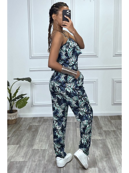 Combinaison pantalon fleuri vert avec volant et bretelles reglables - 6