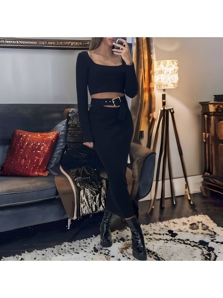 Ensemble haut et jupe noir avec accessoire ceinture intégré  - 1