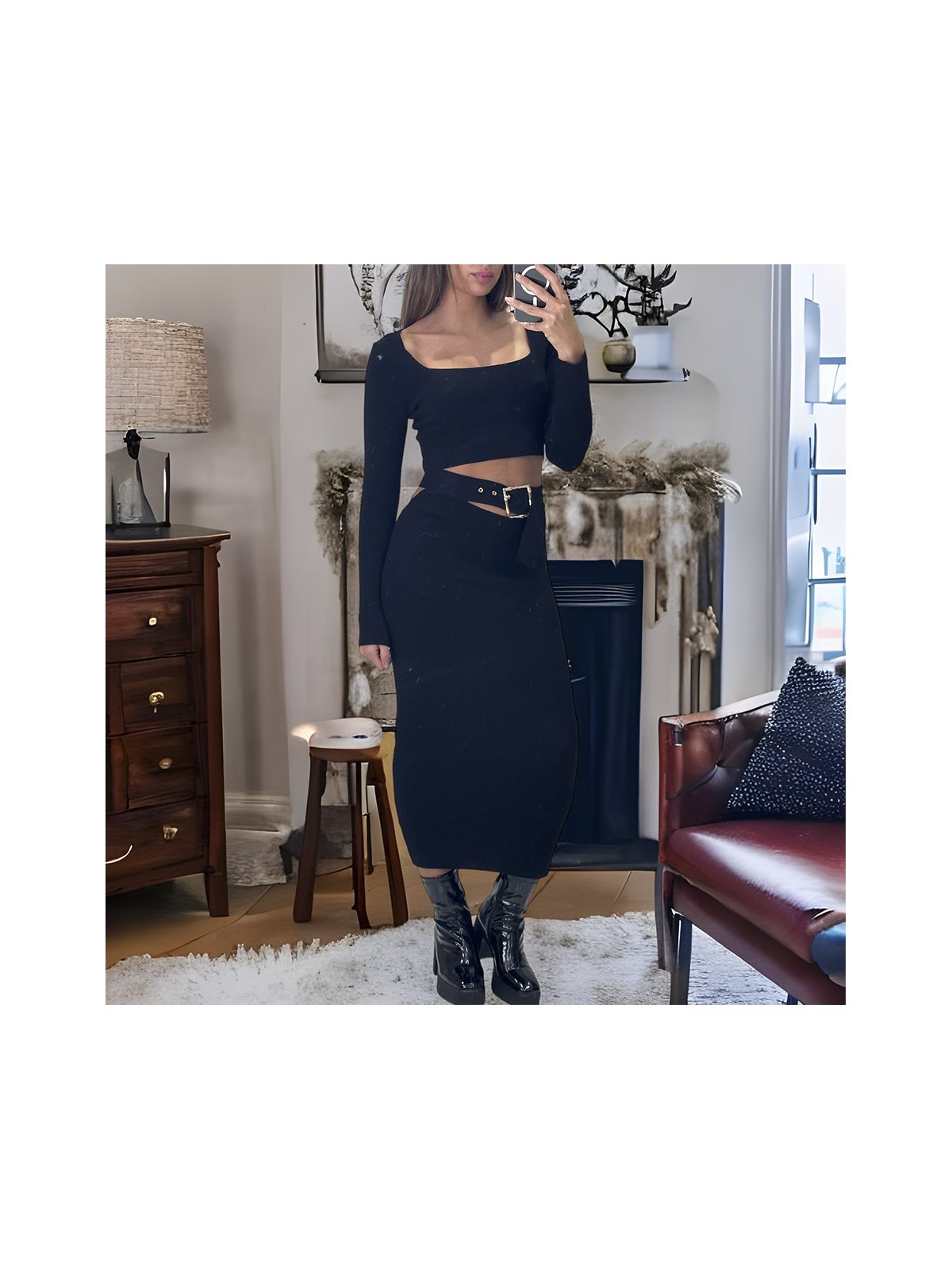 Ensemble haut et jupe noir avec accessoire ceinture intégré  - 2