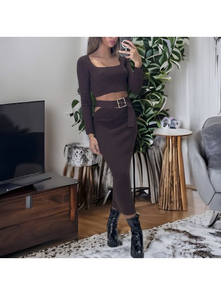 Ensemble haut et jupe marron avec accessoire ceinture intégré - 1