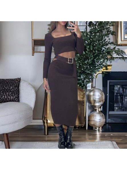 Ensemble haut et jupe marron avec accessoire ceinture intégré - 2