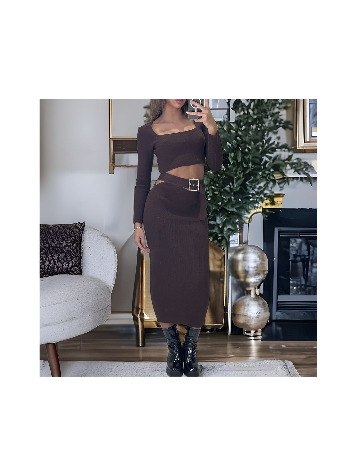 Ensemble haut et jupe marron avec accessoire ceinture intégré - 2