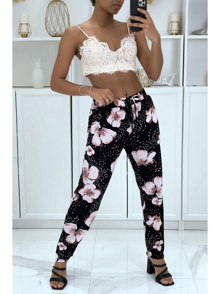 Pantalon fluide rose à motif floral B-60 - 1