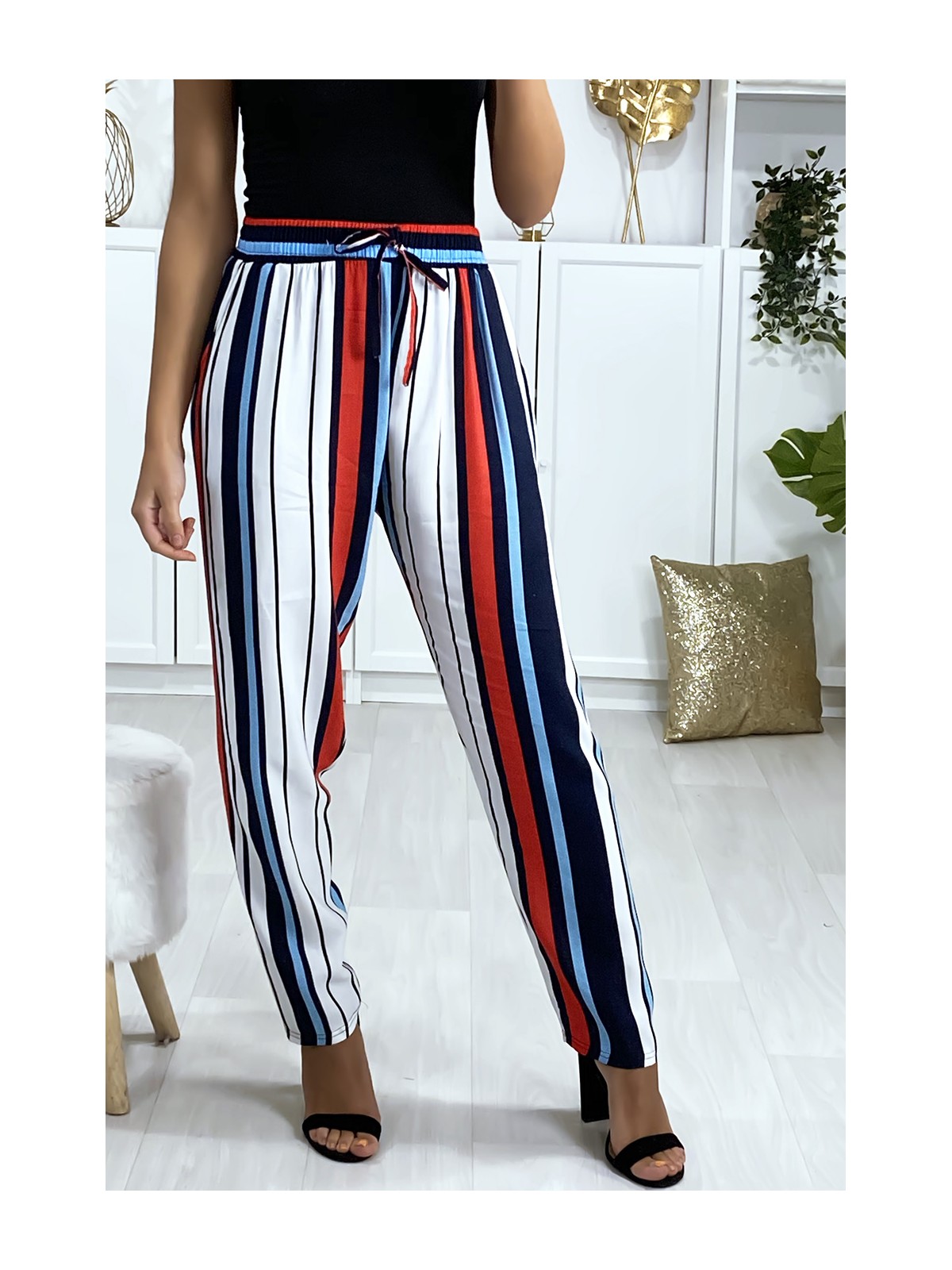 Pantalon rayé en coton bleu rouge blanc avec poches - 1