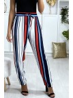 Pantalon rayé en coton bleu rouge blanc avec poches - 1