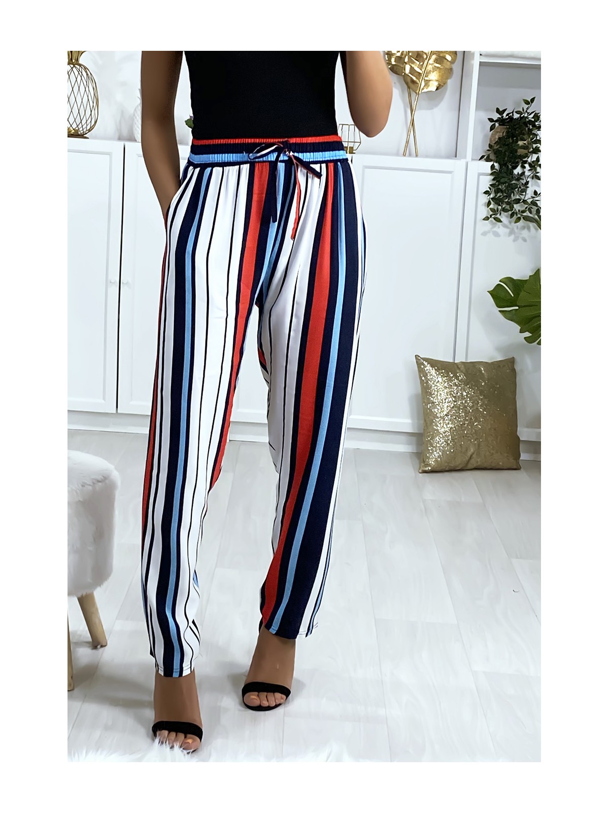 Pantalon rayé en coton bleu rouge blanc avec poches - 2