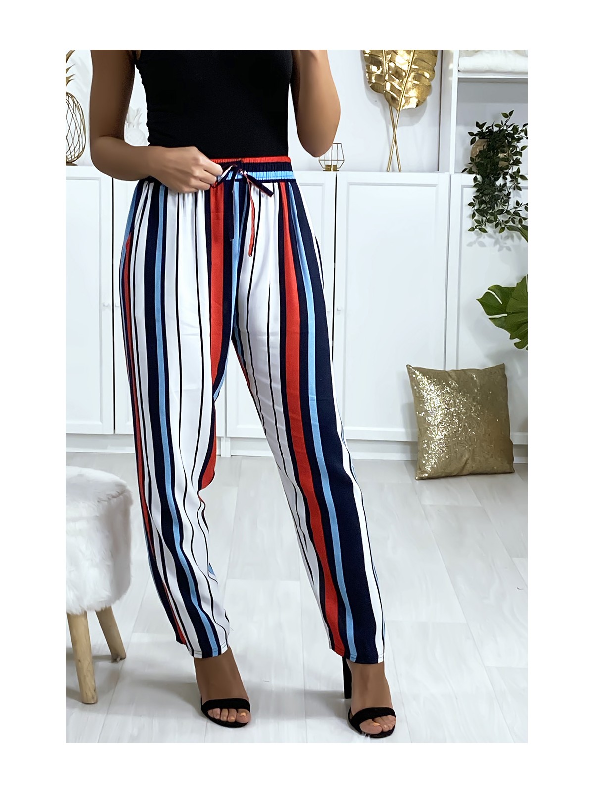 Pantalon rayé en coton bleu rouge blanc avec poches - 3