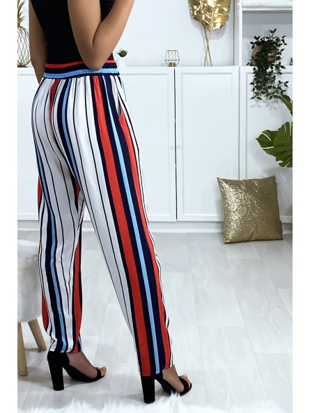 Pantalon rayé en coton bleu rouge blanc avec poches - 4