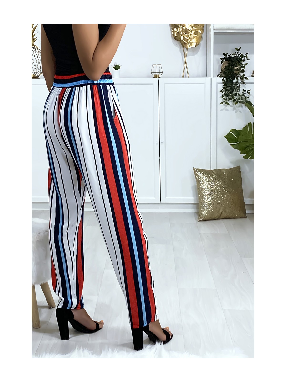 Pantalon rayé en coton bleu rouge blanc avec poches - 4