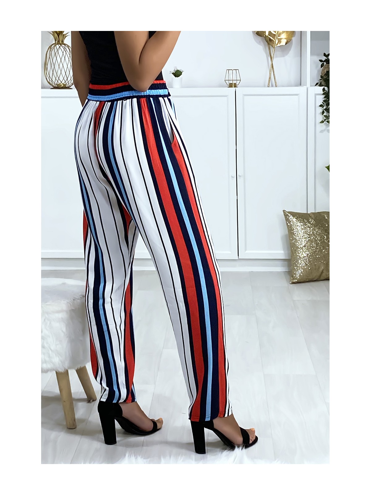 Pantalon rayé en coton bleu rouge blanc avec poches - 5