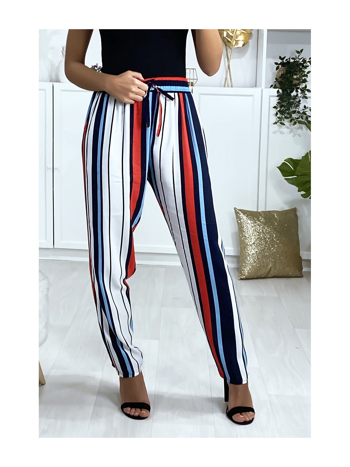 Pantalon rayé en coton bleu rouge blanc avec poches - 6