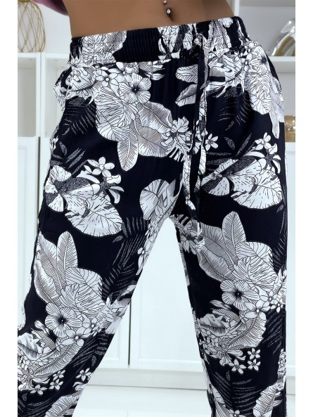 Pantalon fluide marine à motif floral B-47 - 4