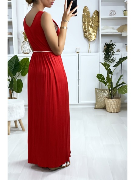 Longue robe croisé en rouge avec ceinture en cordon - 5