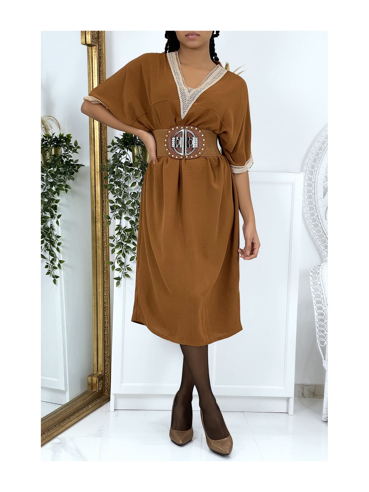 Robe tunique over size marron vol V avec dentelle - 2