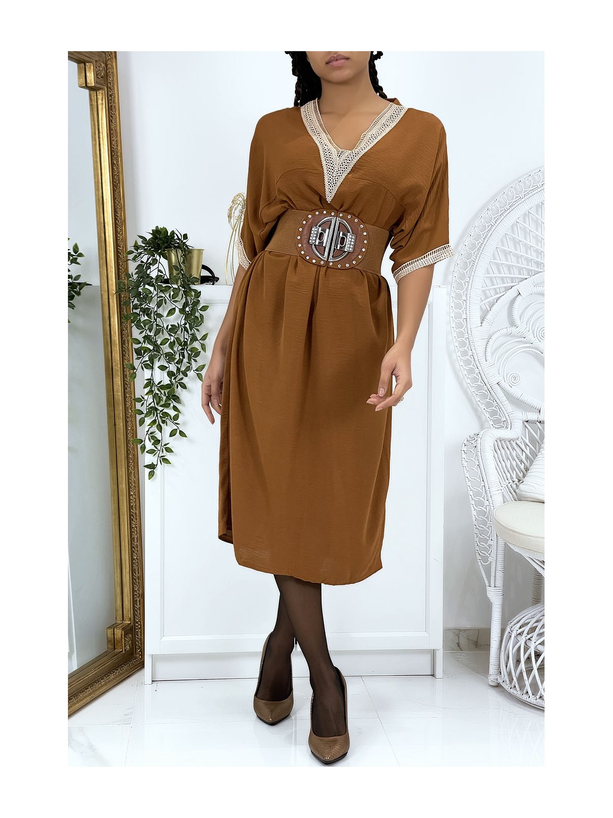 Robe tunique over size marron vol V avec dentelle - 3