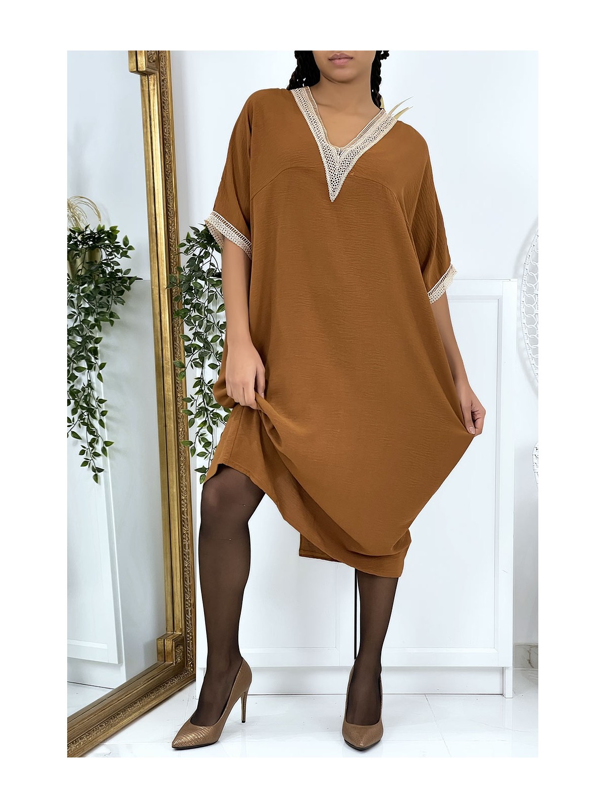 Robe tunique over size marron vol V avec dentelle - 6