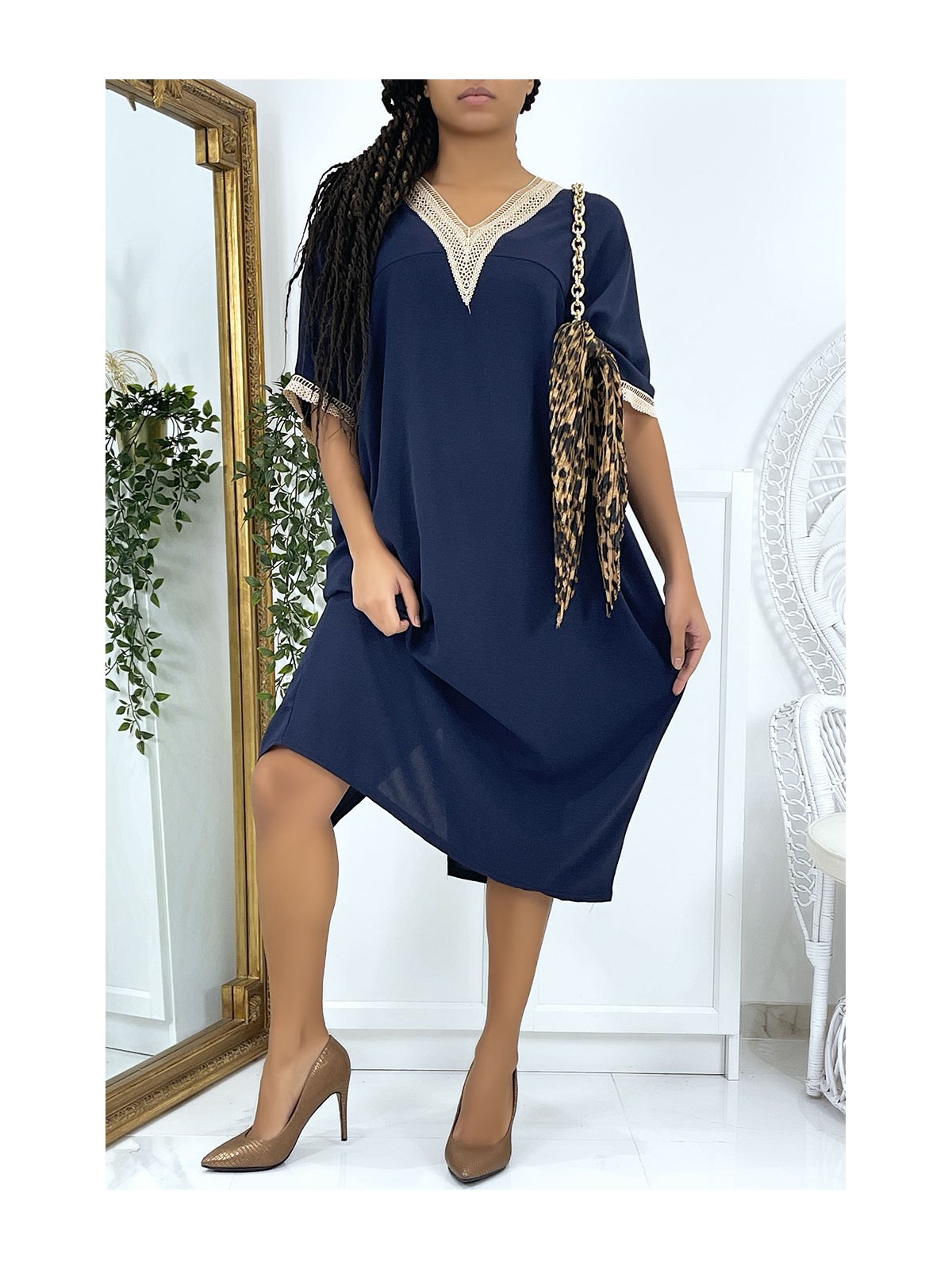 Robe tunique over size marine vol V avec dentelle - 4