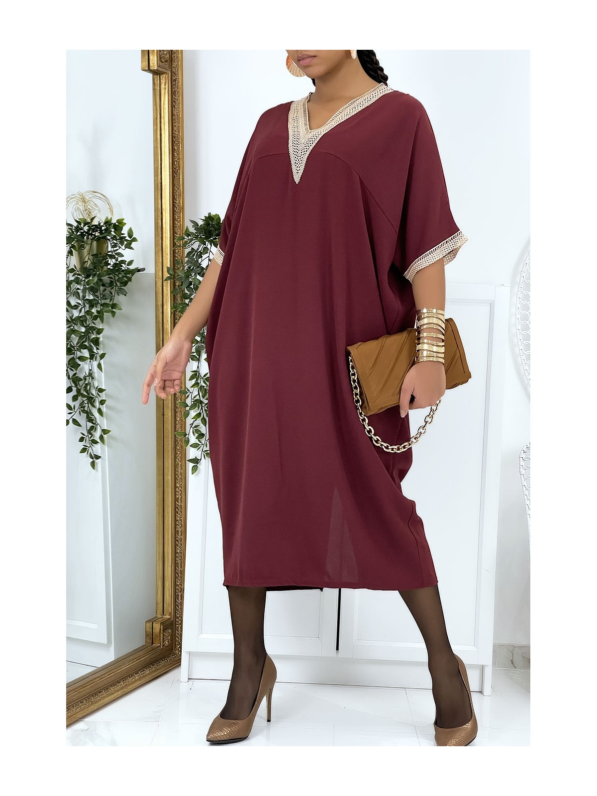 Robe tunique over size bordeaux vol V avec dentelle - 1